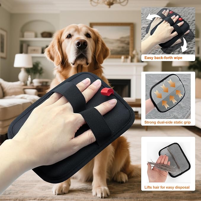 Pet Hair Removal Glove for Small Hands, 2Pcs Electrostatic Dog Cat Hair Remover Gloves for Furniture Car Seat Couch, Reusable Grooming & Shedding Tool with Free Steel Comb & Toothbrush