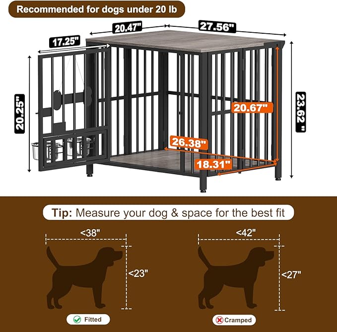 Easycom 27" Dog Crate Furniture Foldable, No Assembly Decorative Dog Kennel Indoor, Dog Crates for Small Dogs (Under 20 lb), Wooden Dog Cage with Adjustable Bowls and Name Tag, End Table, Oak Grey