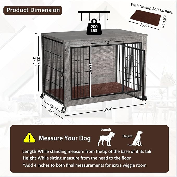 32" Dog Crate Furniture with Cushion,Dog Kennel Indoor for Small/Medium Dog,Wooden Pet House End Table with Durable Mesh,Decorative Pet Crate with Wheels,Wide Top Dog Cage with Storage,Grey