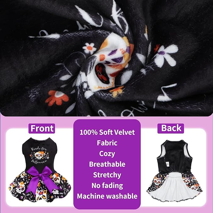 CuteBone Halloween Dog Dresses Velvet Holiday Small Dogs Clothes Onesie Pet Apparel Girl Puppy Skirt with Bow Hair Rope CVA58XXS-D