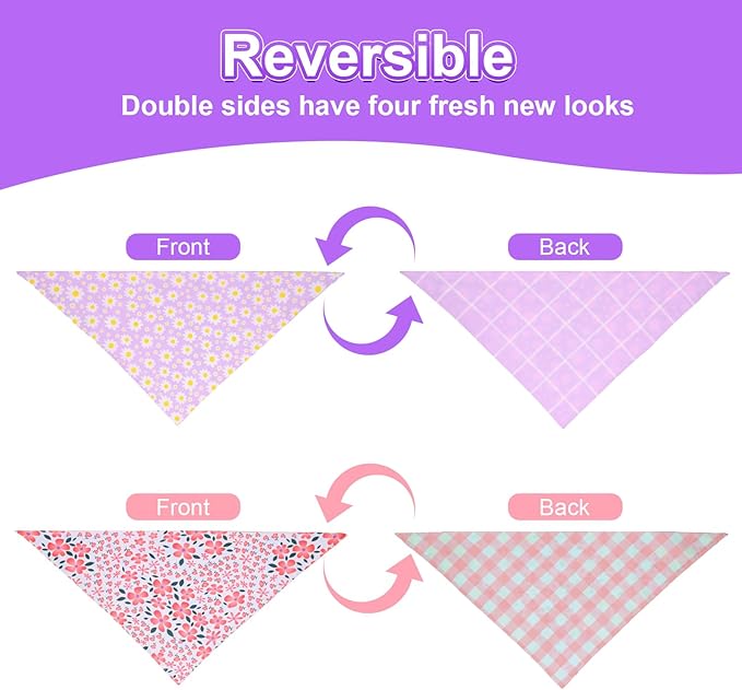 Summer Dog Bandanas Girl Small 2PCS, Purple Pink Daisy Scarf, Durable Triangle Reversible Bibs Spring Handkerchief for Puppy Pet
