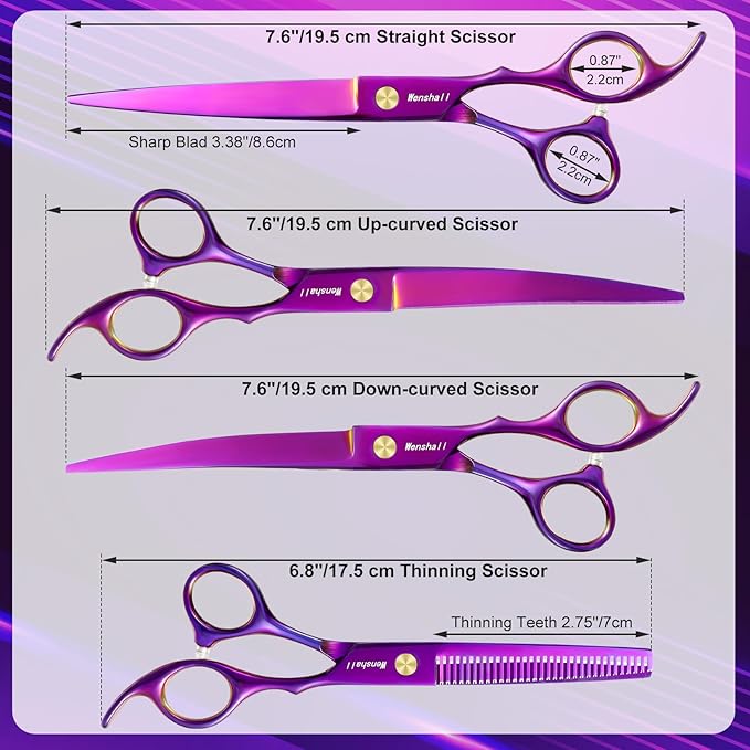 Professional Dog Grooming Scissors Set - 6.5" Thinning, 7" Straight, 7" Up-Curved, 7" Down-curved Scissors and Comb for Dog Cat Pet (Purple)