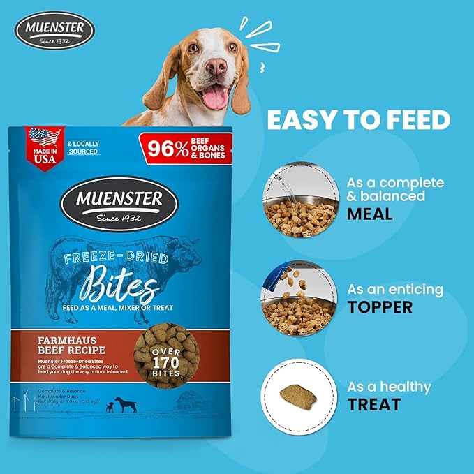 Muenster Freeze Dried Beef Bites - Dog Food, Treat, Mixer or Topper (5oz) - Grain-Free