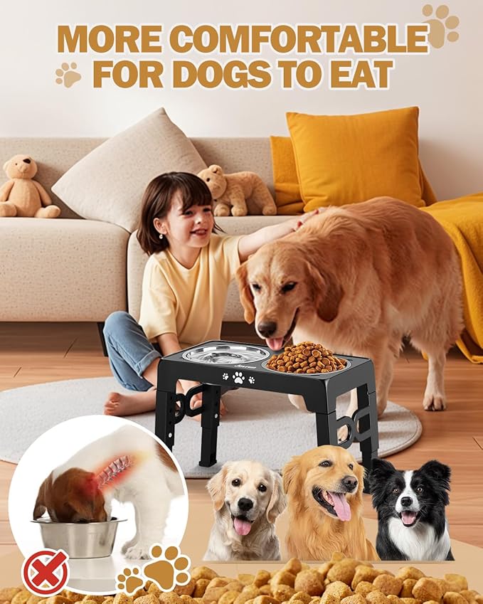 Elevated Dog Bowls, Dog Feeder with 2 Stainless Steel Dishes &1 Slow Feeder Bowl, 5 Heights Adjustable Raised Stand for Medium Large, Food Dishes with Non-Slip Feet