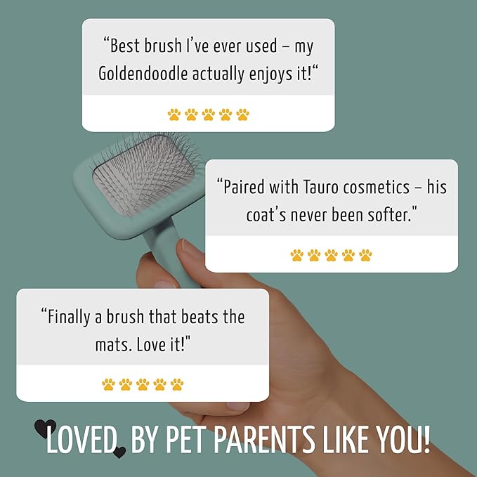 Tauro Pro Line Wooden Deshedding Dog Brush for Long Goldendoodle, Labradoodle & Poodle Hair - Mint Slicker Brush for Dog & Cat Grooming - Rectangular Flexible Cushion & Non-Slip Grip, S