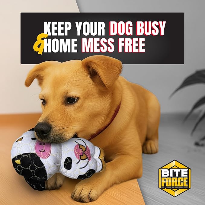 Bite Force -Durable & Strong Dog Toy Cow with Squeaker, Kevlar-Reinforced for Aggressive Chewers for Small Medium Large Dogs - Green.