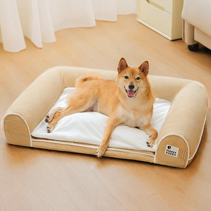 FUNNYFUZZY Orthopedic Dog Bed – Washable Dog Bed with Double Layer Plush Cushion Sofa Style Design with Bolstered Sides for Small Medium and Large Dogs Removable Cover L Size (31.5"x24.4"x7.1") Beige