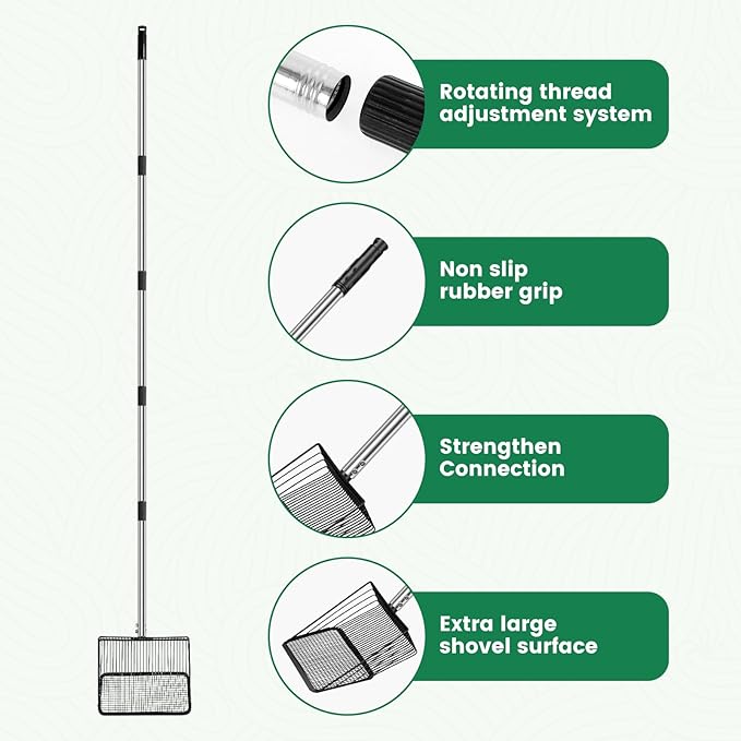 10Inch Chicken Poop Scooper, 35" to 75" Long Chicken Coop Litter Scoop with Stainless Steel Handle, 4 in 1 Multifunctional Heavy Duty Litter Sifting Shovel, Non Stick Detachable Cat Litter Sifter