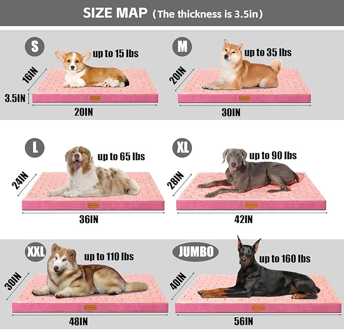 Patas Lague Orthopedic XL Dog Bed Large Sized Dog 48''X30'', Waterproof Soft Comfortable Egg Crate Foam Large Pet Beds Crate Mat with Removable Washable Cover and Nonskid Bottom, Pink