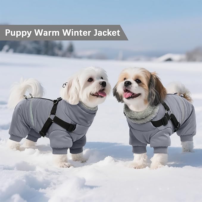 BRKURLEG Grey Dog Winter Coat, Cozy Winter Dog Jackets, Small Medium Dogs Coat with Harness, Onesie Body Warm Puppy Christmas Jacket, Pet Cold Weather Jackets, Puppy Four-Legged Puffer Coats, XXL