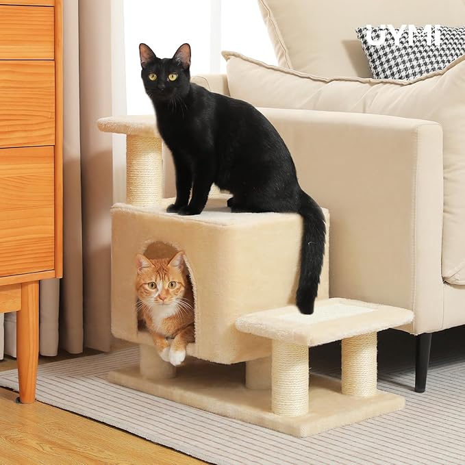 3-in-1 Dog Stairs & Cat Scratching Post with Condo, Pet Steps for High Beds, Sofa, Couch, Tall Cat Tower, High-Strength Boards for Indoor Small Cats Kittens Dogs Climbing Playing, 3 Steps-Beige