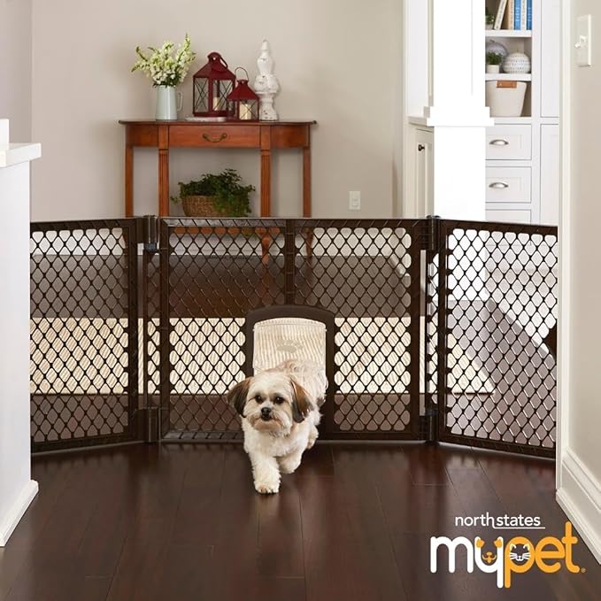 MyPet Extra Wide Dog Gate with Small Pet Door. 38.5” to 103.5" Wide. Cat Gate for Doorway. Made in USA. 26" Tall, Brown
