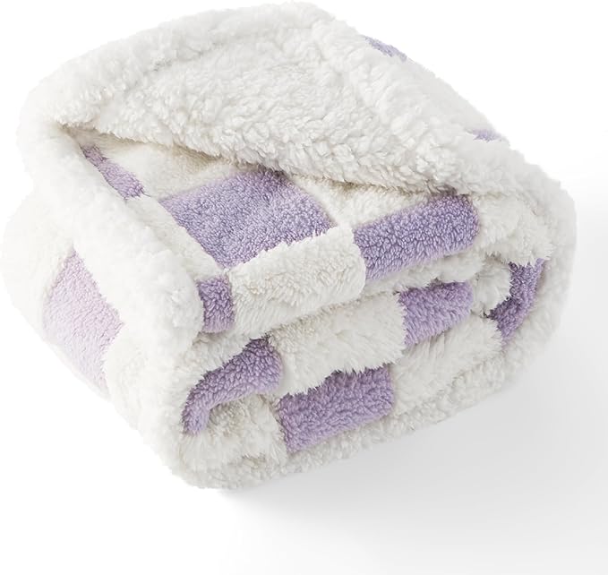 Lesure Waterproof Dog Blanket for Large Dogs - Washable Double Sided Dog Blankets with Warm Jacquard Shag and Soft Sherpa Fleece, Pet Cat Blanket for Couch Protection, 3D Textured Checks, Purple