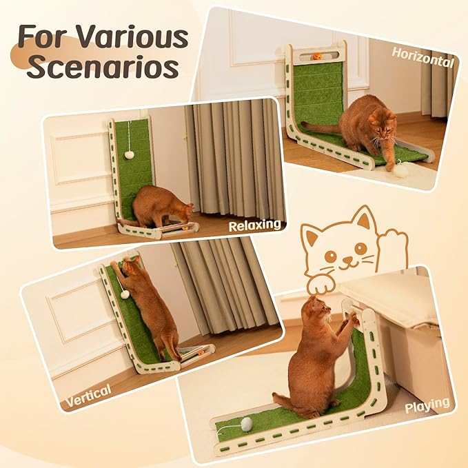 L Shaped Cat Scratcher with Ball Toy Felt Standing Cat Scratching Board for Indoor Cats Adults Vertical Scratch Pad Furniture Protector Kitten Toys 26.8 Inch-Green