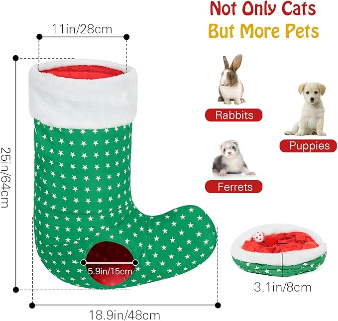 Pawaboo Cat Tunnel Christmas Sock with Bell Balls, Upgraded 2 Way Cat Tunnel Interactive Toy for Christmas, Pet Xmas Stocking with Crinkle Paper & Strong Spring-steel Frame for Cat Kitten Kitty, Green