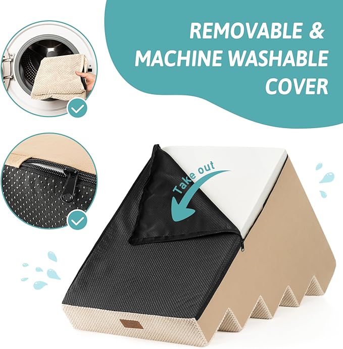 Slope Dog Stairs for Small Dogs 17.7" H, Pet Steps for Bed, Couch with Certified Foam, Non-Slip Dog Ramp Ladder for Puppy Older Cats, 5 Step, Beige