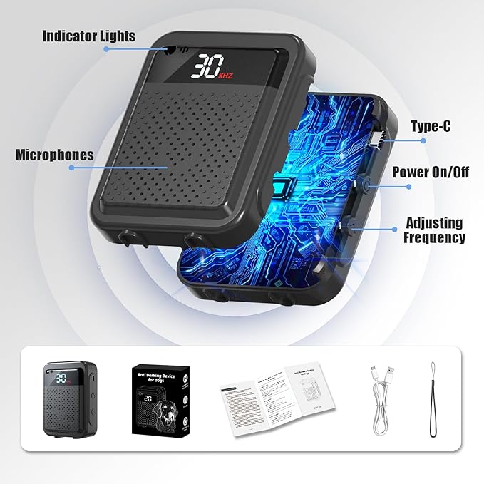 Anti Barking Device for Dogs – 3 Adjustable Frequency (10-30kHz), 30 Ft Range, Rechargeable, Auto Bark Detection, Safe & Effective for Small to Large Dogs,Black