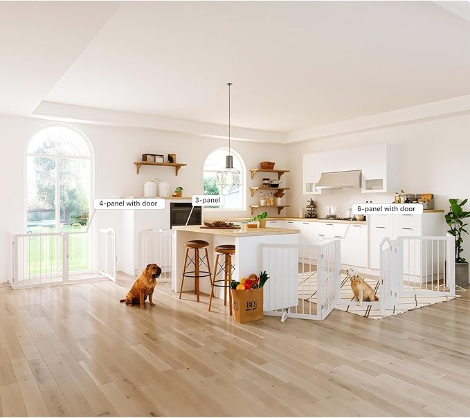 JSB 192-inch Extra Wide 30-inch Tall Dog gate with Door Walk Through,Full Matel Freestanding Round Tube Pet Gate for Halls Stairs, Puppy Safety Dog Fence with 4PCS Support Feet (White)