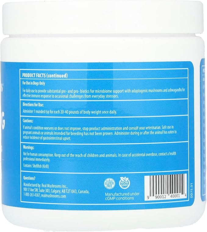 Real Mushrooms Whole Dog Health – Functional Mushroom Blend for Dogs with Lion’s Mane, Cordyceps, Turkey Tail, Reishi, Shiitake for Overall Wellbeing of Dogs – 2.65 oz Powder Supplement
