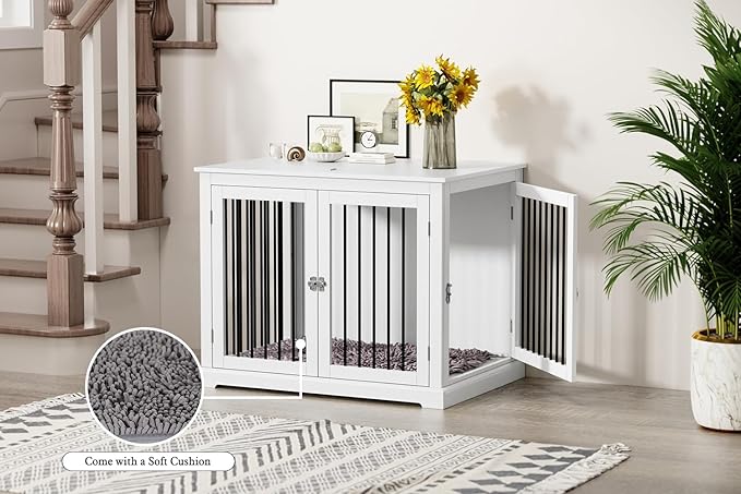 Dog Crate Furniture with Cushion, Dog Crate End Table Large, Indoor Dog Kennel, Dog House, Dog Cages for Large Dogs, Furniture Style Dog Crate with Flip-top, Chew-Proof Metal Bars, White