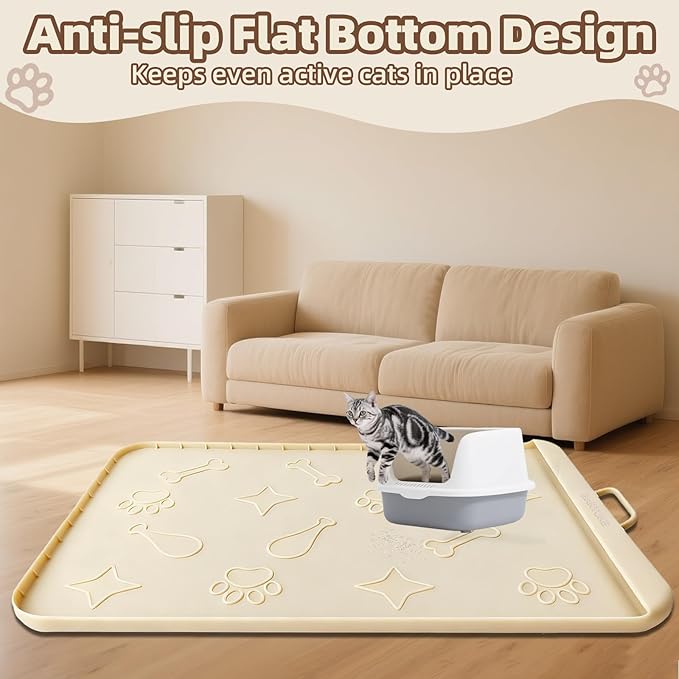 Silicone Cat Litter Mat with Collection Pocket, 42" x 28" Large Cat Litter Box Mat Waterproof Anti-Slip Litter Trapping Mat with Edge and Handle Pet Placemat for Floors (Beige)