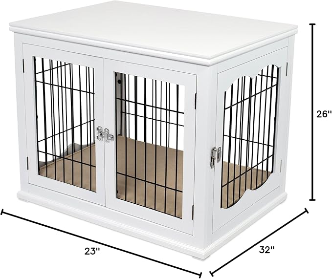 BIRDROCK HOME Decorative Dog Kennel with Pet Bed - Small Indoor Pet Crate, Double Door Design, Engineered Wood & Metal Wire, Furniture-Style House for Small Dogs, Side Table or Nightstand, White