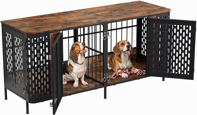 ONBRILL 71" Dog Crate Furniture for 2 Dogs, Indoor Heavy Duty Dog Crate with Removable Divider and 4 Doors, Escape Proof Pet Cage, XXL Thicken Wooden Kennel TV Stand for Medium Large Dogs,Brown
