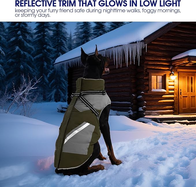 FUAMEY Dog Winter Jackets for Small Dogs,Dog Coat with Harness Built in,Waterproof Dogs Snowsuits Warm Pet Jacket Zip Up Fleece Cold Weather Coats Reflective Puppy Vest with Pocket Green XS