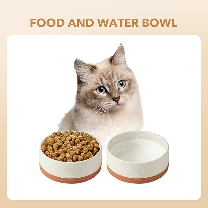 Ceramic 5.1inch Set of 2 Dog and Cat Bowls for Puppy, Kitty, Cats, 2pcs Anti-Slip Food and Water Pet Feeder(2 Bowls, Vanilla White)