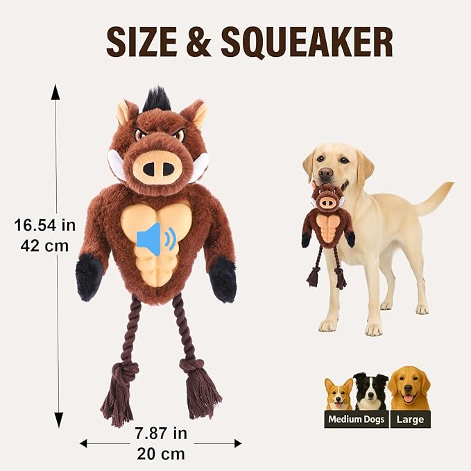 Extremely Durable Boar Chew Toy for Aggressive Chewers - Squeaky Rubber Chest & Rope Tug Legs for Large Breed Dogs