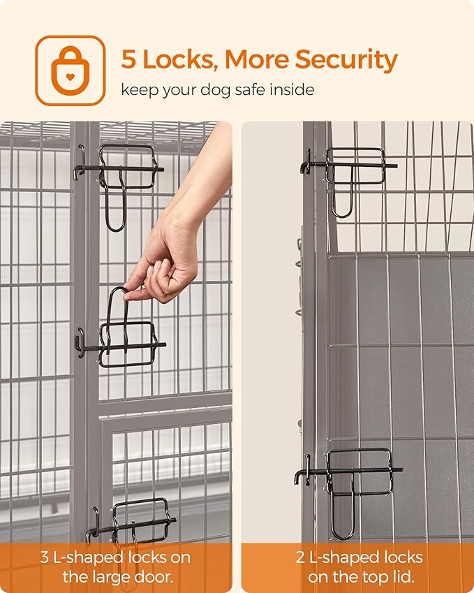 Feandrea 42.1 Inch Heavy Duty Dog Crate, Metal Escape Proof Kennel with Double Doors and Convenient Feeding Door, Removable Tray, Easy to Clean, XL Pet Crate for Large and Medium Dogs, Black