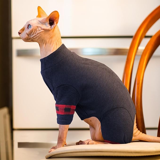 Sphynx Hairless Cats Sweater Shirt Kitten Soft Pullover Cute Cat Pajamas Jumpsuit Cotton Apparel Pet Winter Turtleneck for Cats DarkBlue L