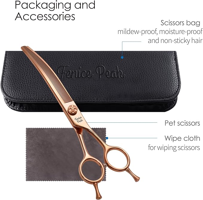 Fenice Peak Professional Dog Grooming Scissors Pet Curved Thinning Shears 7.0'' Extremely Sharp Blades 440C Steel Thinning Scissors Durable Smooth Motion & Fine Cut for Dogs and Cats