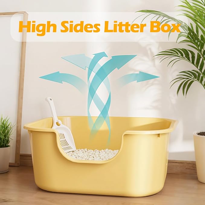 Large Cat Litter Box with High Sides,Low Entry Cat Litter Pan for Indoor Cats,Cat Box for Kittens & Senior Cats,Non-Slip Bottom,Anti-Splashing,Waterproof,Easy to Clean (White)