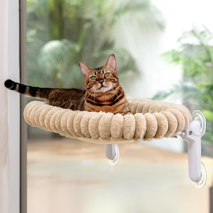 Sunhoo Cat Window Perch Bed Foldable Kitty Windowsill Hammock Shelf Seat Large Cats Suction Cup Indoor Kitten Window Sill Lounger with Soft Plush Cushion Machine Washable 21.26*11.8in (Light Camel, M)
