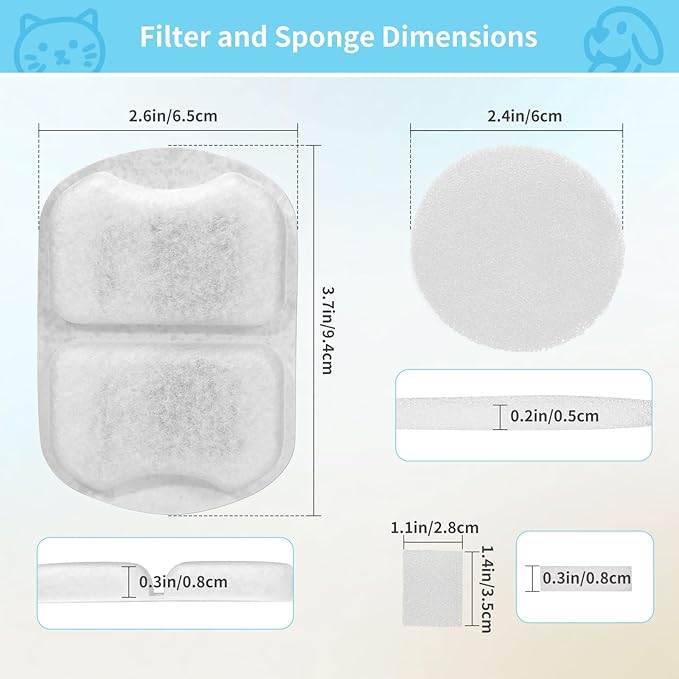 8 Set Dog Fountain Filter Replacement for 7L/230oz/1.8G Stainless Steel Dog Water Dispenser, YOIHABV Cat Fountain Filters, Triple Filtration Pet Water Filter, Replacement Filters and Sponges