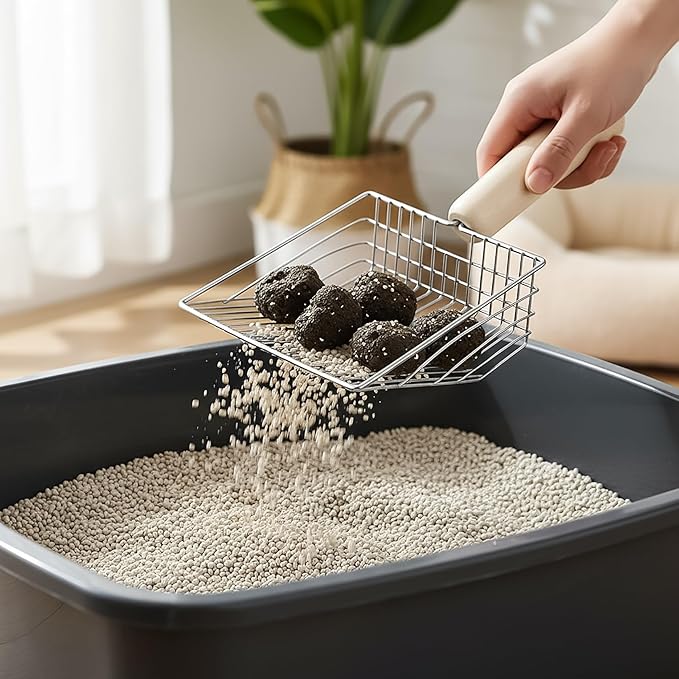 Hiceeden Set of 2 Cat Litter Scoop with Holder, Metal Kitty Litter Scoop Holder with Wooden Handle, Cat Poop Scooper for Kitten Litter Box, Fast Sifting, Gray and Blue