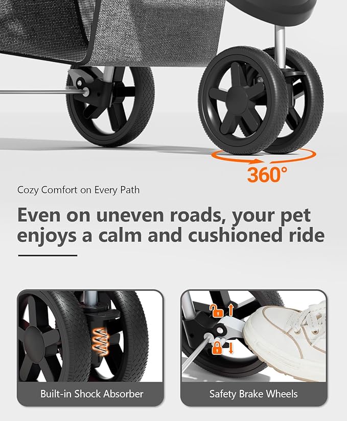 Pet Stroller with 3 Wheels for Small/Medium Pets, Portable Travel Foldable Carrier Jogger for Dog Cat Puppy Kitty, Rear Wheel Breaks, Storage Basket, Visible Mesh with Weather Cover (Gray)