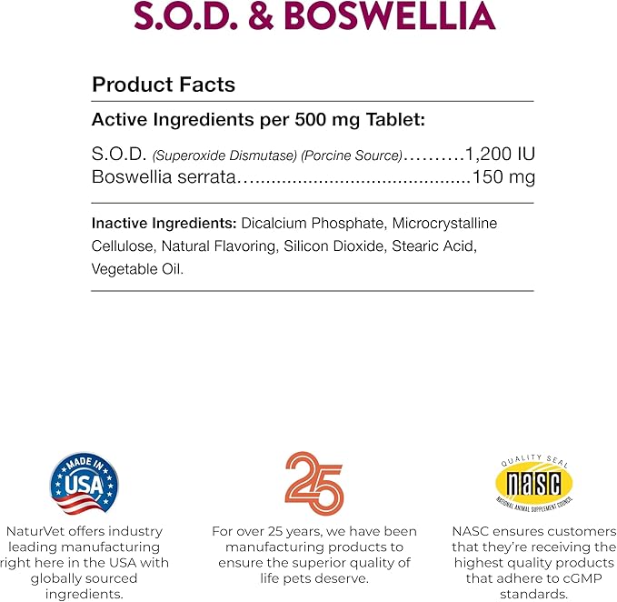 NaturVet S.O.D. & Boswellia Extra Joint Support Dog Supplement – Dog Hip Supplement – Helps Alleviate Aches, Pain – for Dog Flexibility, Healthy Joint Function – 500 Ct. Chewable Tablets