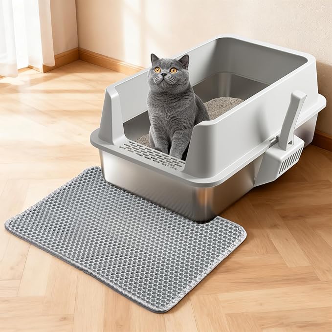 2 Pack Stainless Steel Cat Litter Box with Lid,XL Extra Large Litterox for Big Cats with High Sided,Non-Sticky,Easy Cleaning, Include Litter Mat & Scoop,23x14.6x9.9in