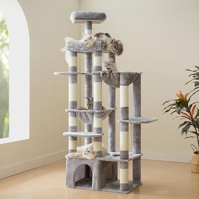 Heybly Cat Tree, 71-Inch Tall Cat Tower for Large Maine Coon Cats with Extra-Large Baseboard, Cat Condo Furniture with Multi-Level Platforms, 2 Hammocks and 12 Scratching Posts, Light Gray HCT037W
