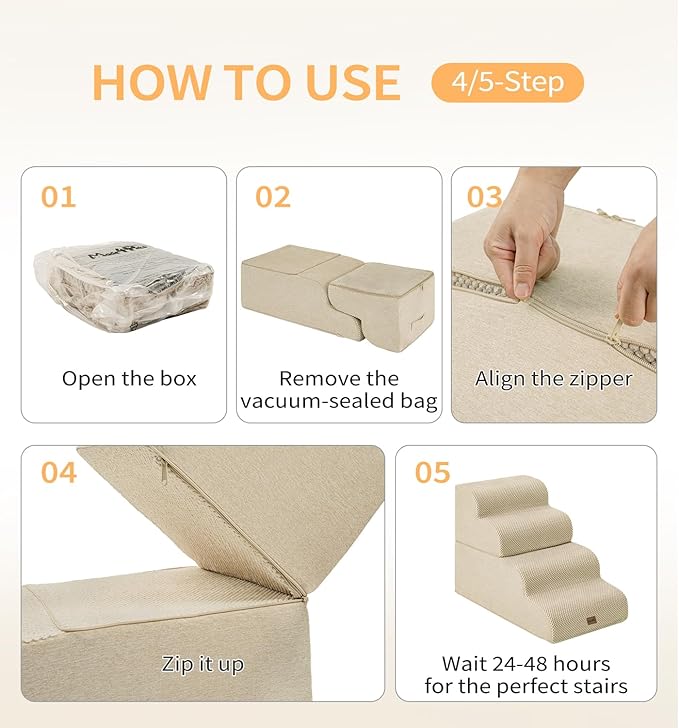 Made4Pets Dog Stairs Ramp for Bed, 4-Step Dog Steps for High Bed Couch Sofa Climbing, 35D Foam Pet Steps for Small Dogs and Cats, Non-Slip Bottom Pet Stairs, Beige