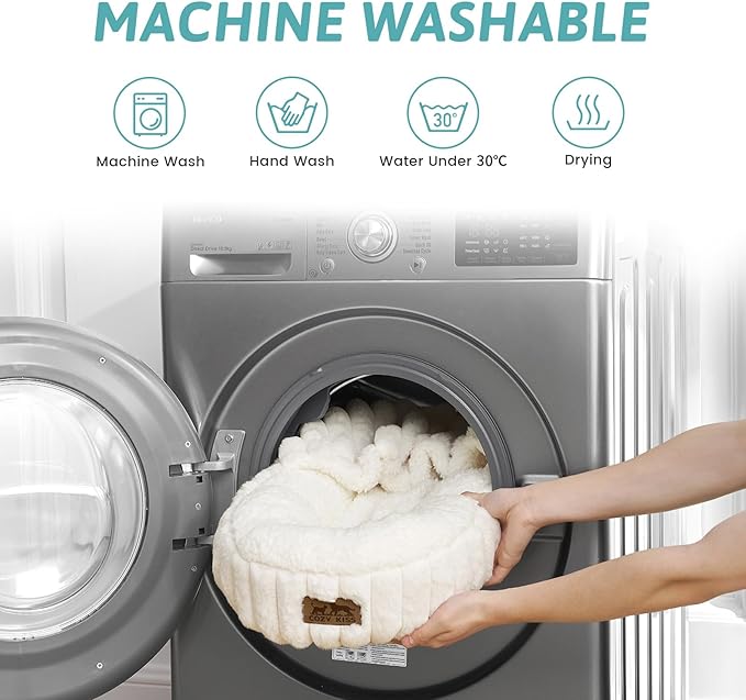 Cat Bed with Hooded Blanket, Round Fluffy Anti-Anxiety Pet Bed for Cats/Small Dogs, Cozy Donut Cuddler with Machine Washable Faux Fur & Anti-Slip Bottom(23"×23"×6",Cream)