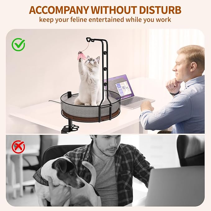 Cat Desk Bed,Rotating & Adjustable, Durable Metal Pet Bed, Supports Up to 45 lbs, Removable Blanket, Modern Indoor pet Furniture for Home Office and Game Tables