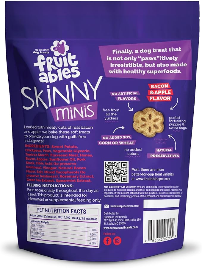 Fruitables Skinny Mini Dog Treats, Healthy Sweet Potato Treat for Dogs, Low Calorie & Delicious, Puppy Training, No Wheat, Corn or Soy, Made in the USA, Bacon and Apple Flavor, 12oz