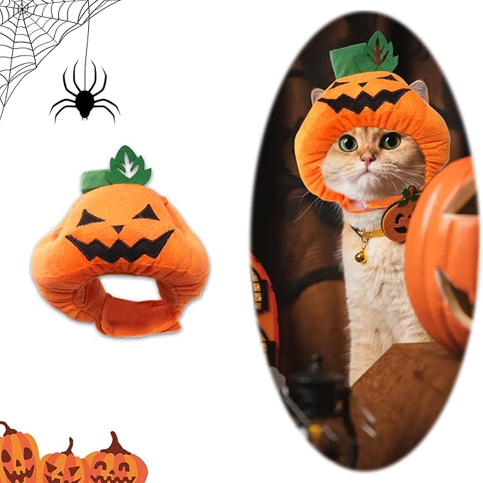 ABTOLS Halloween Dog Cat Pumpkin Shape Hat, Adjustable Soft Small Pet Orange Pumpkin Cap Headwear for Puppy Dogs Kittens Halloween Festival Cosplay Costume Accessory Headgear