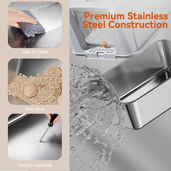 Enclosed Stainless Steel Cat Litter Box with Lid, Front & Top Flap, 180° Flip-top Design, Extra Large Metal Cat Litter Box with Scoop & Filter Pedal,Odor-Resistant (Light Gray)