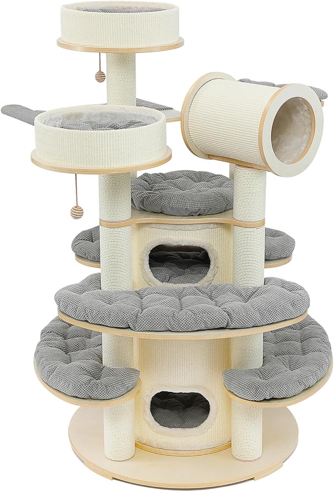 67'' Large Cat Tree,Castle Theme Multi-Levels Wood Cat Tower with Sisal Bed,Big Perchs with Removable Mats,Heavy Duty Modern Cat Condo for Indoor Cats Large Adult