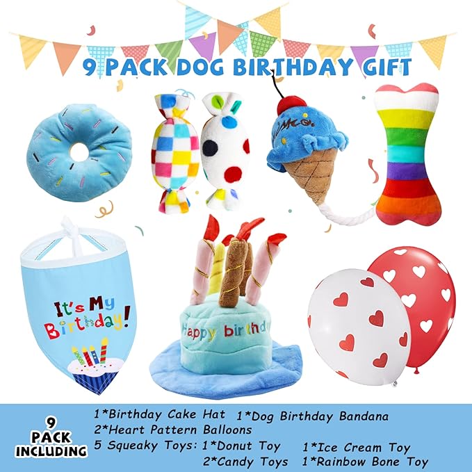 Dog Birthday Toy Set, 9Pcs Plush Pet Toy for Small Dogs, Includes Squeaky Cake Hat, Bandana, Dessert Themed Toys, Balloons, for Dog Birthday Party