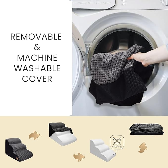 5-Step Dog Stairs for High Beds and Couch, Foam Ramp with Durable Non-Slip Waterproof Fabric Cover, Grey Pet Stairs for Small Dogs' Joints